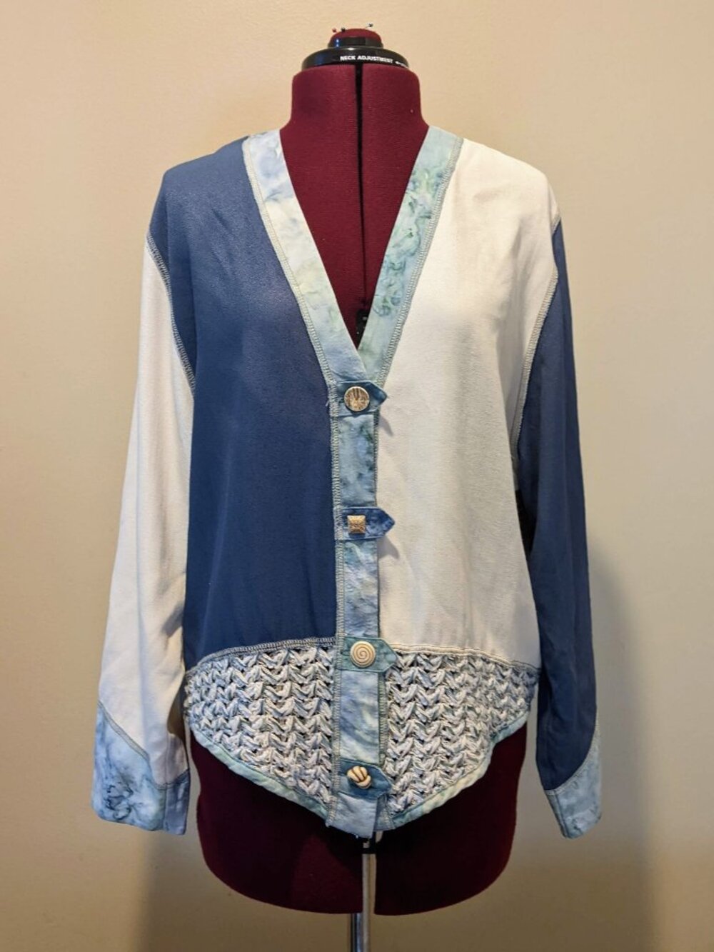 Vintage Mozart Women’s Button Down Shirt Size M Mixed Media Crochet Abstract Art